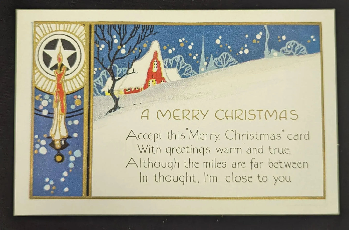 Vintage Christmas card with snowy landscape and candle design