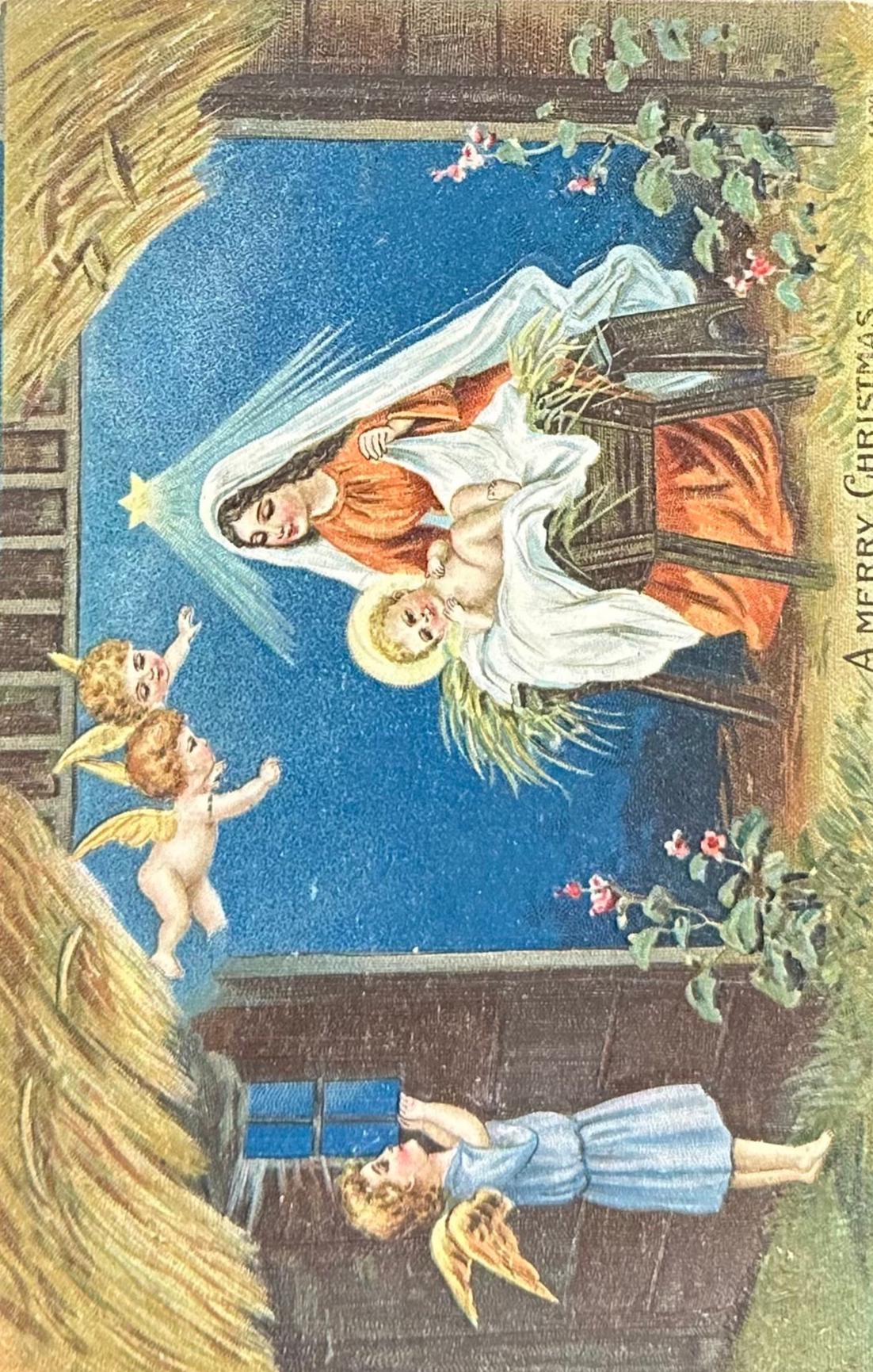 Vintage Christmas card with a nativity scene featuring Mary, Joseph, and baby Jesus, surrounded by cherubs.