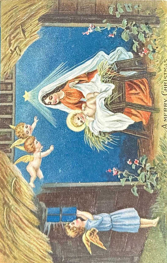 Vintage Christmas card with a nativity scene featuring Mary, Joseph, and baby Jesus, surrounded by cherubs.