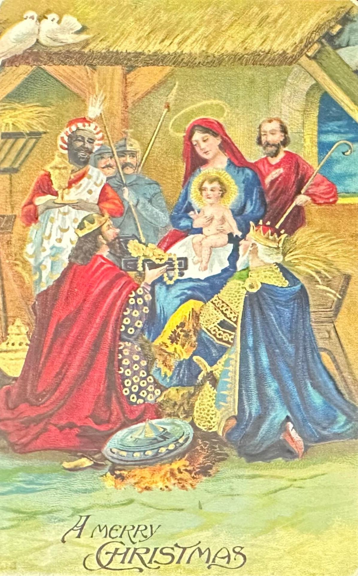 Nativity scene with three wise men and the Virgin Mary holding Jesus, with 'A Merry Christmas' text at the bottom.