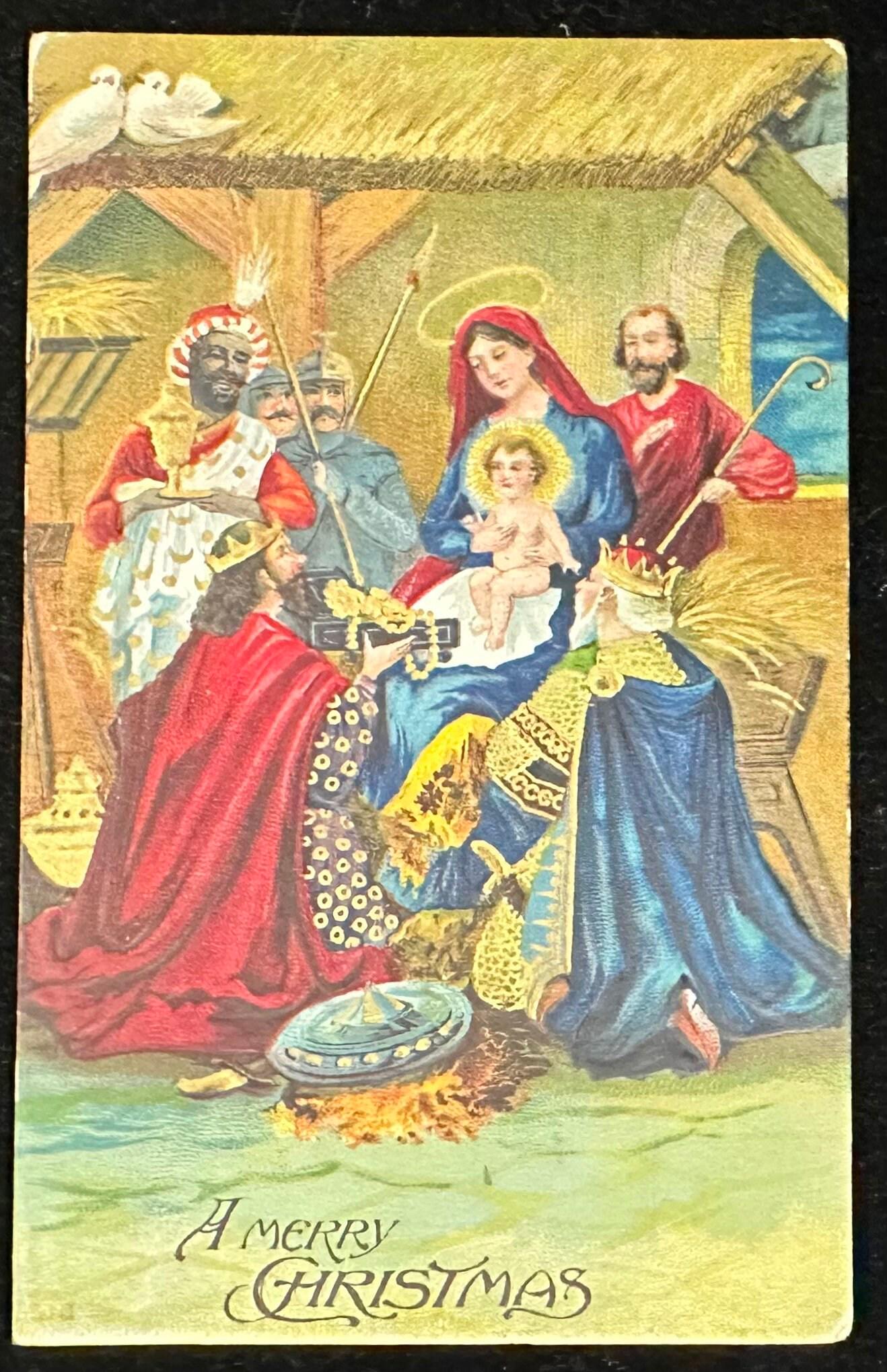 Vintage Christmas card with nativity scene and three wise men.