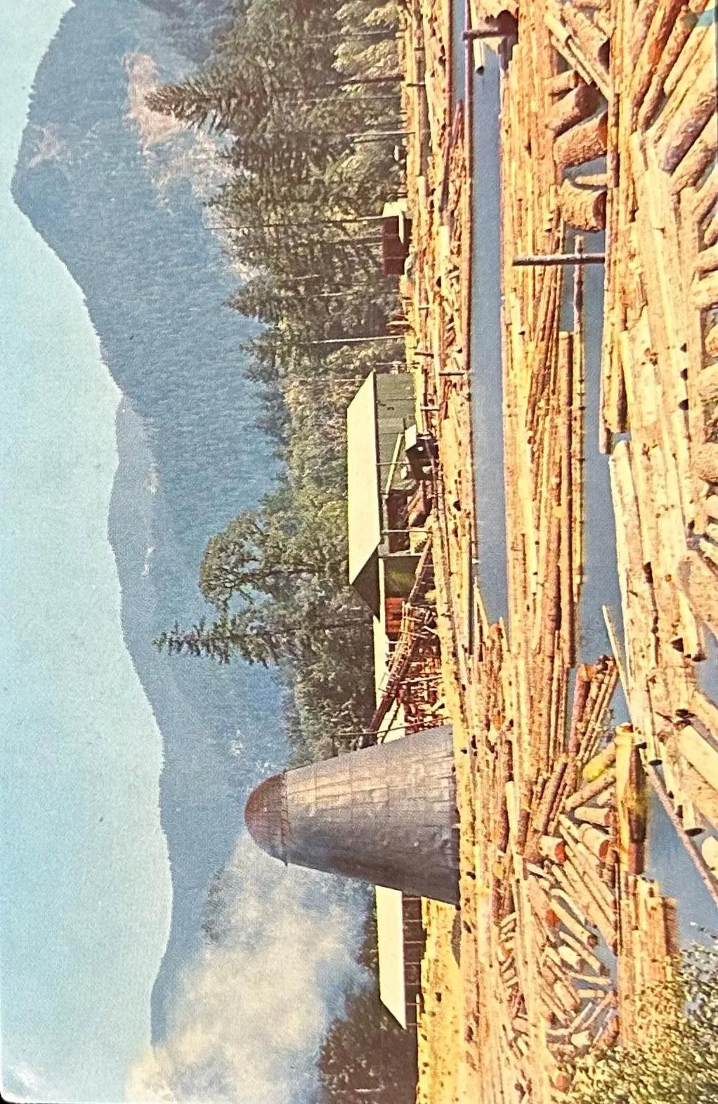 Vintage-style image of a log boom with logs and a cabin in the background.