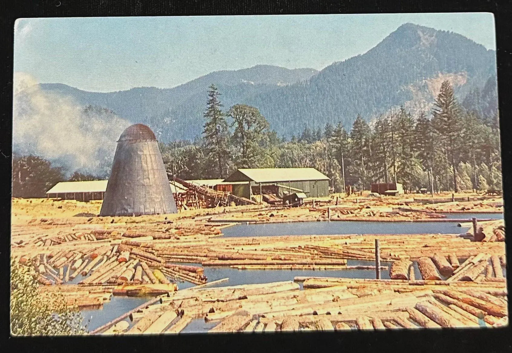 Logging operation with logs, smokestack, and mountains in the background