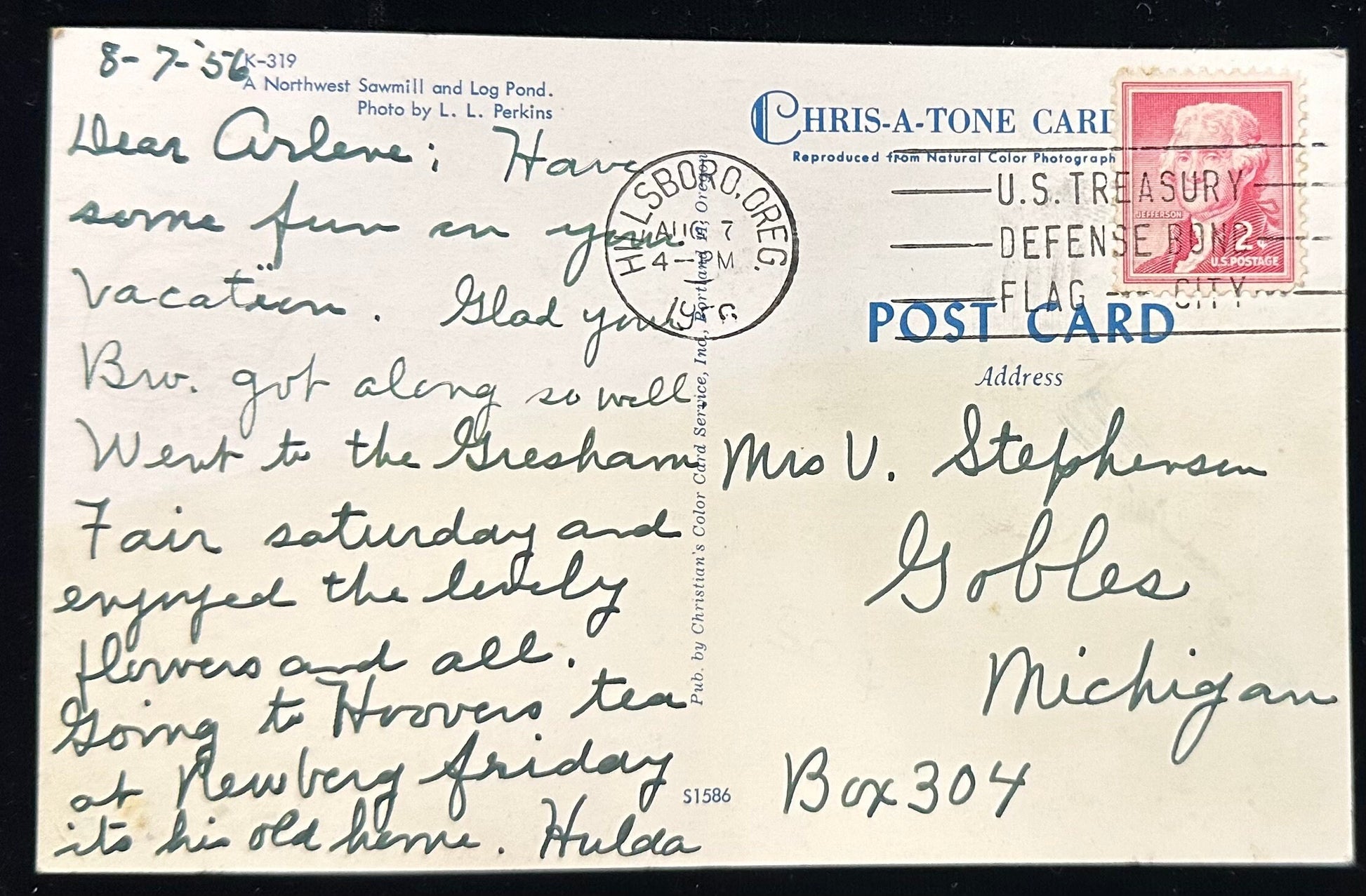 Vintage postcard with handwritten text and postage stamp, featuring a Chris-A-Tone card design.