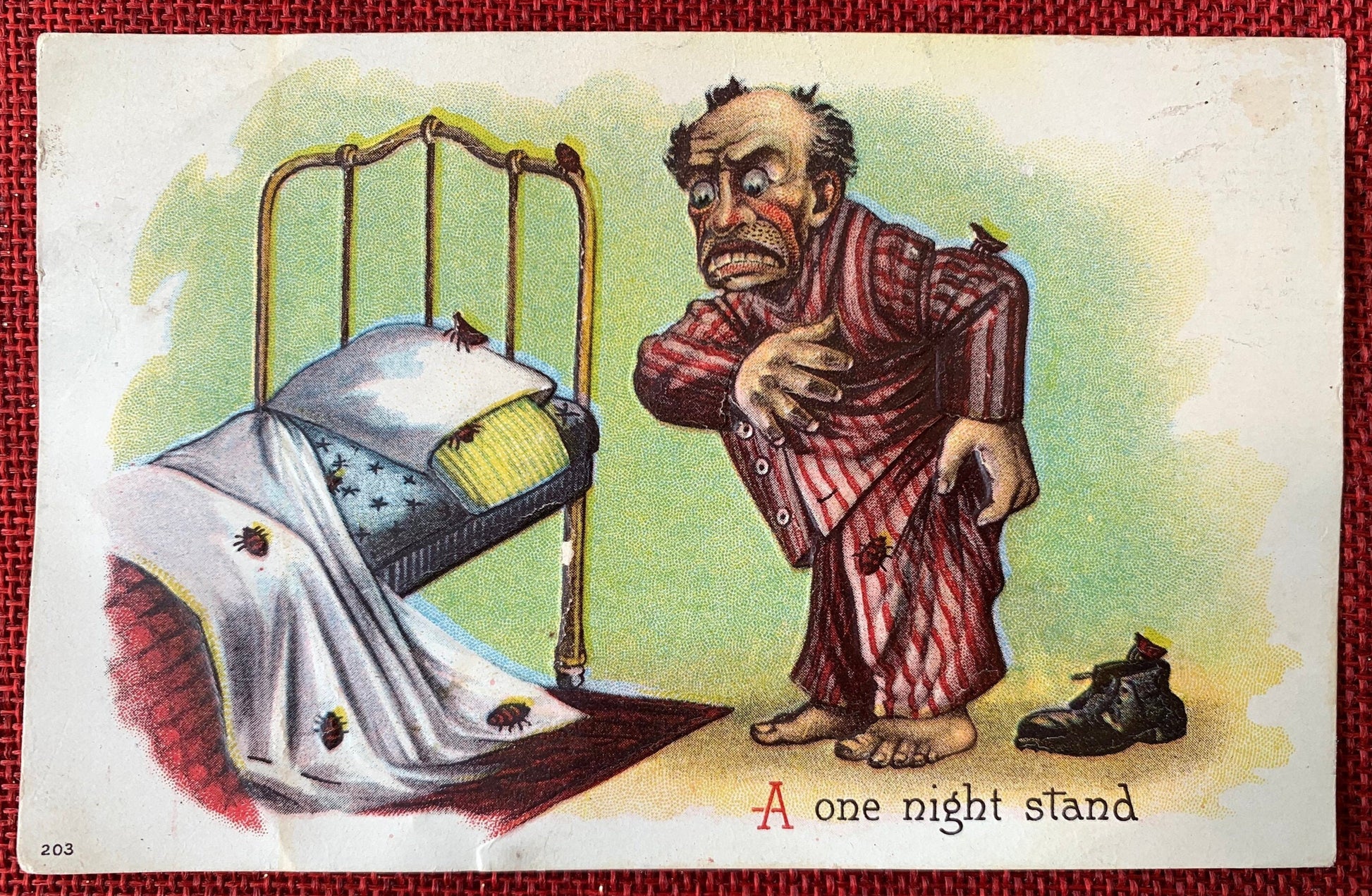 Vintage illustration of a man looking at a bed with a blanket and pillow, labeled 'One night stand'.