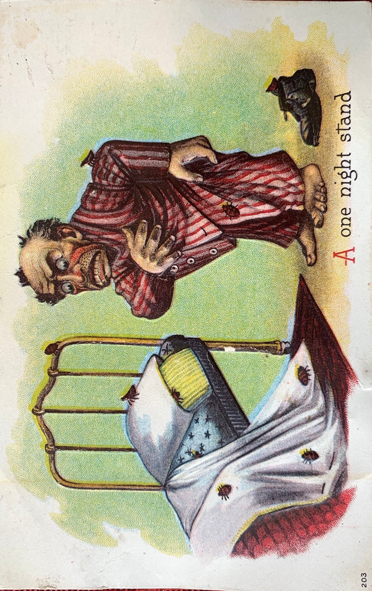 Vintage card with a performer and birdcage on a colorful background