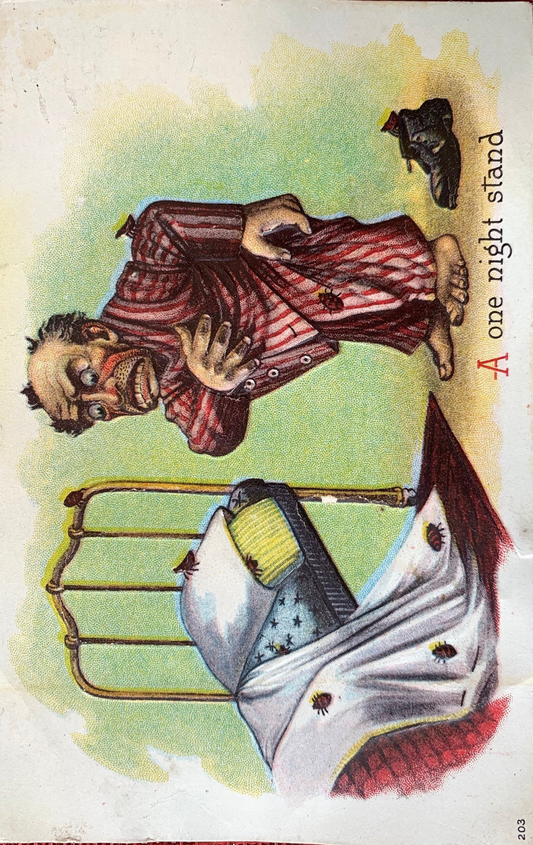 Vintage card with a performer and birdcage on a colorful background