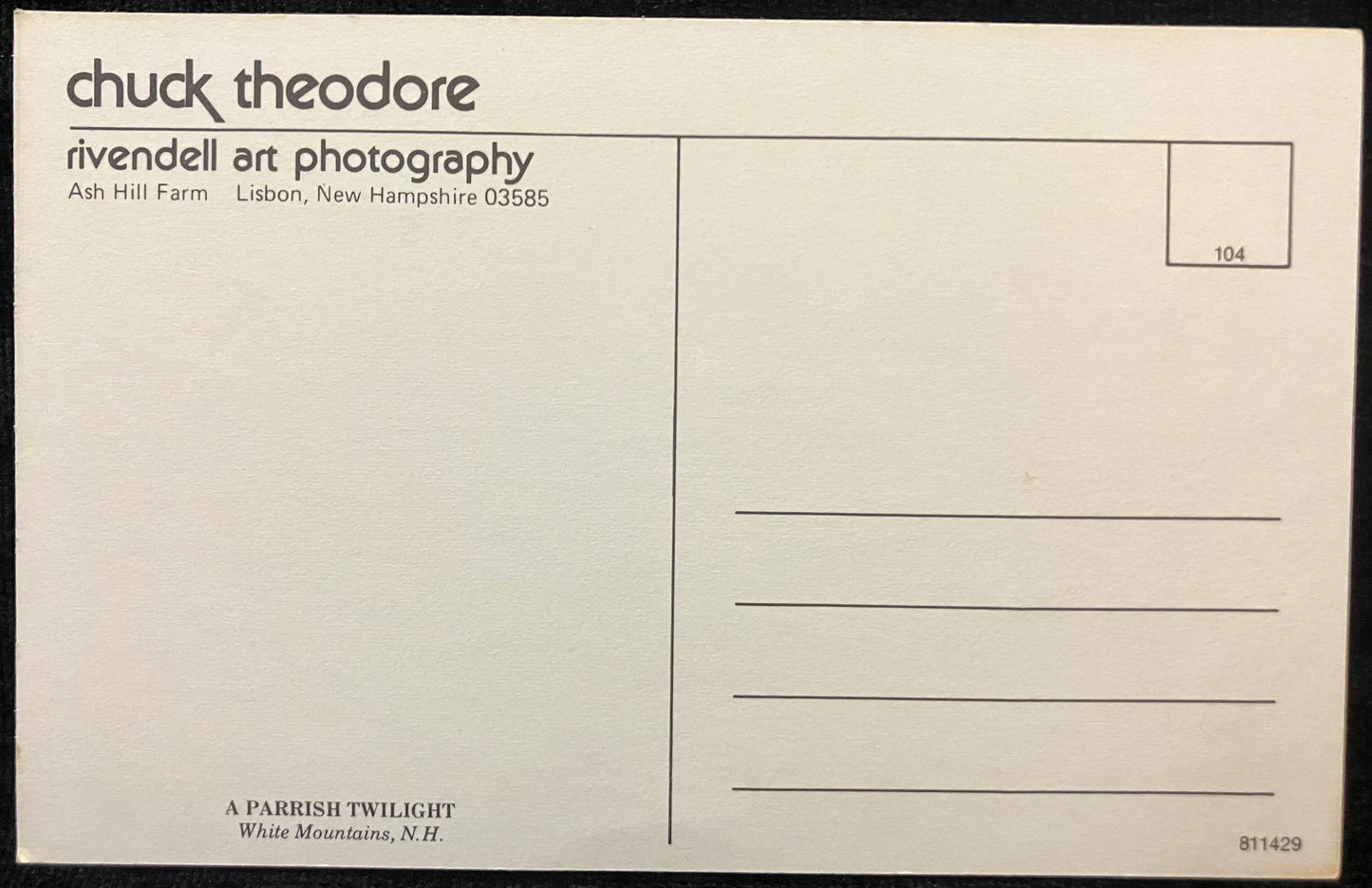Back of a postcard with 'chuck theodore rivendell art photography' text and address details.