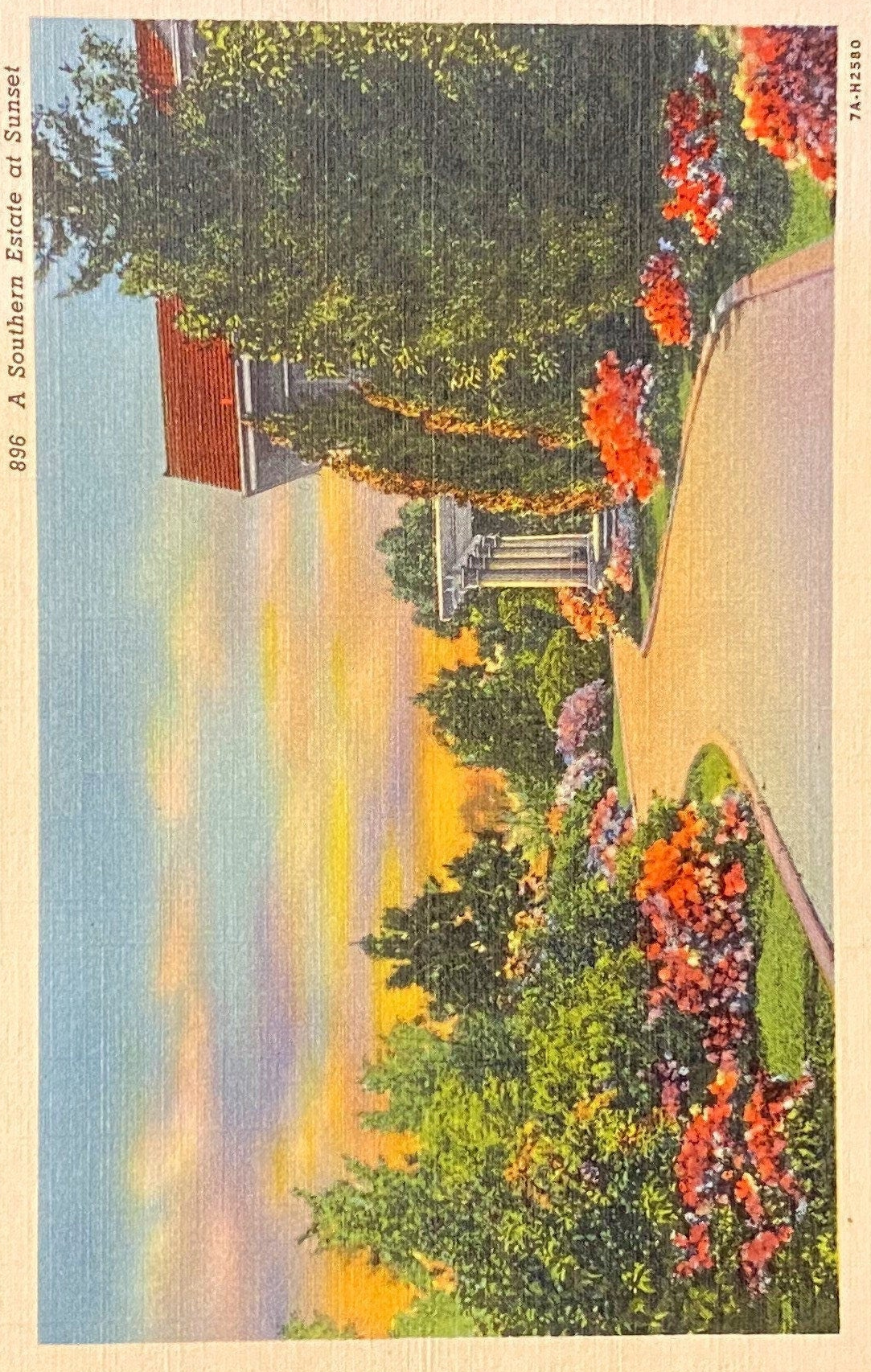 Vintage-style illustration of a garden scene with flowers and a building.