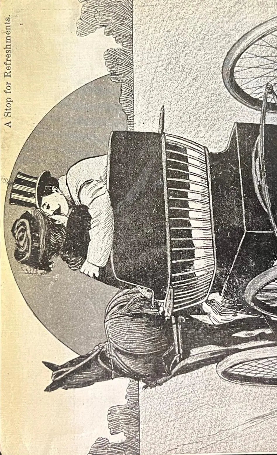 Vintage-style illustration of a person inside a large vehicle with a round window, a horse-drawn carriage.