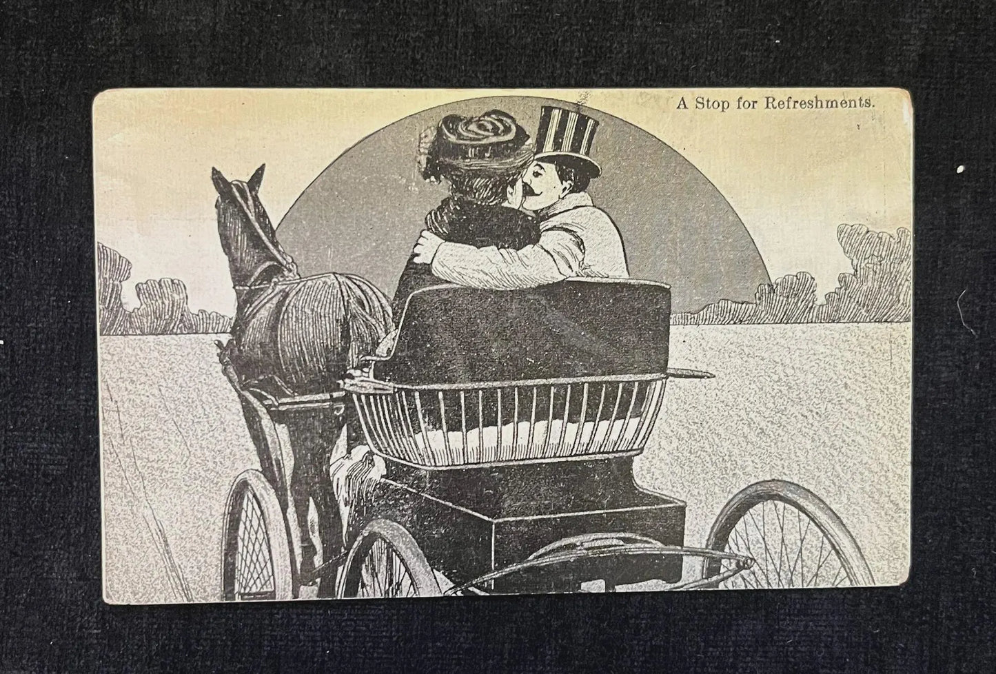 Vintage illustration of a couple in a carriage with a horse, set against a plain background.