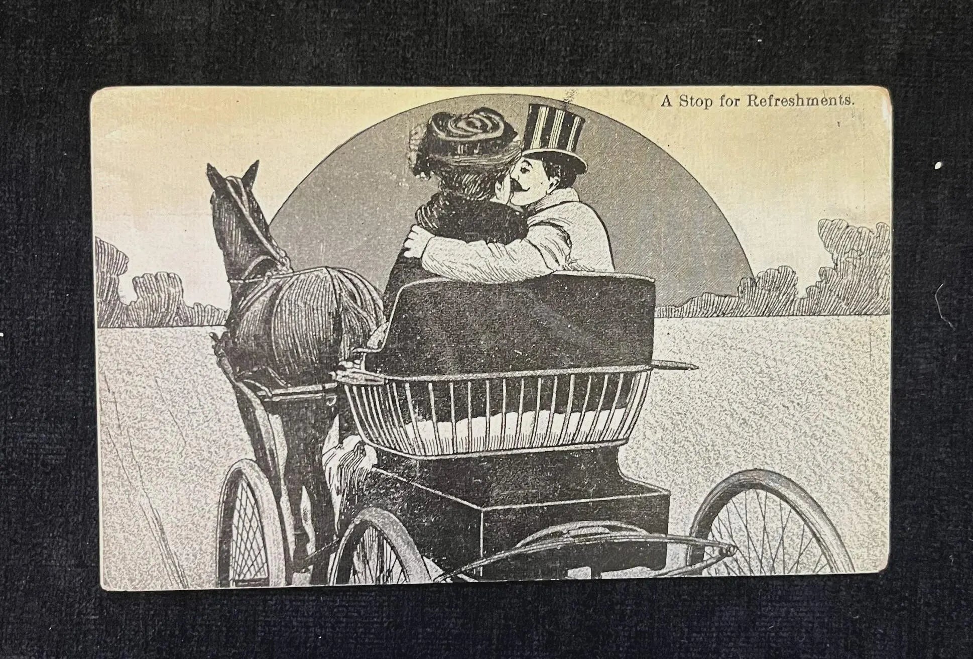 Vintage illustration of a couple in a carriage with a horse, set against a plain background.