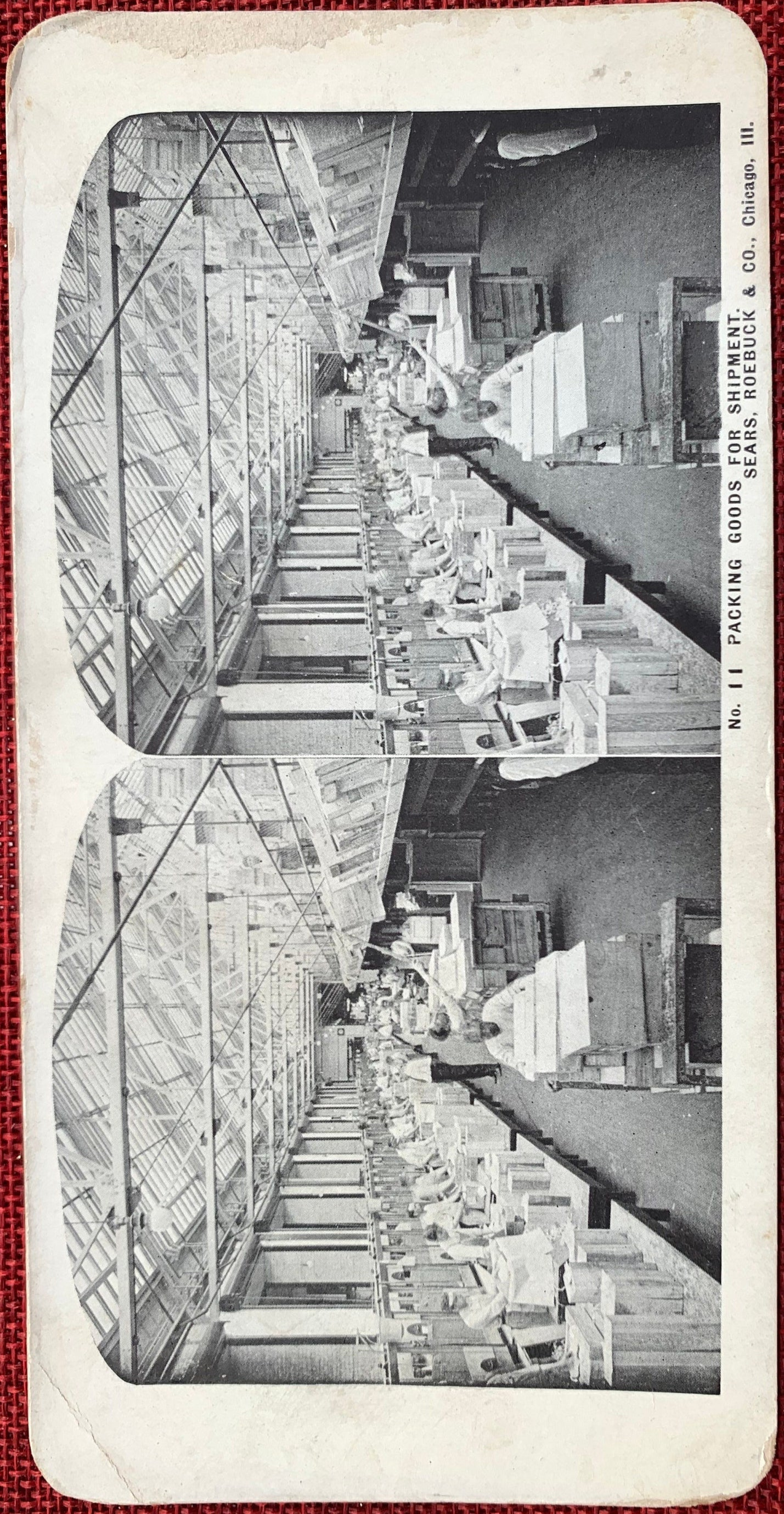 Vintage stereo card of a store interior with bookshelves.