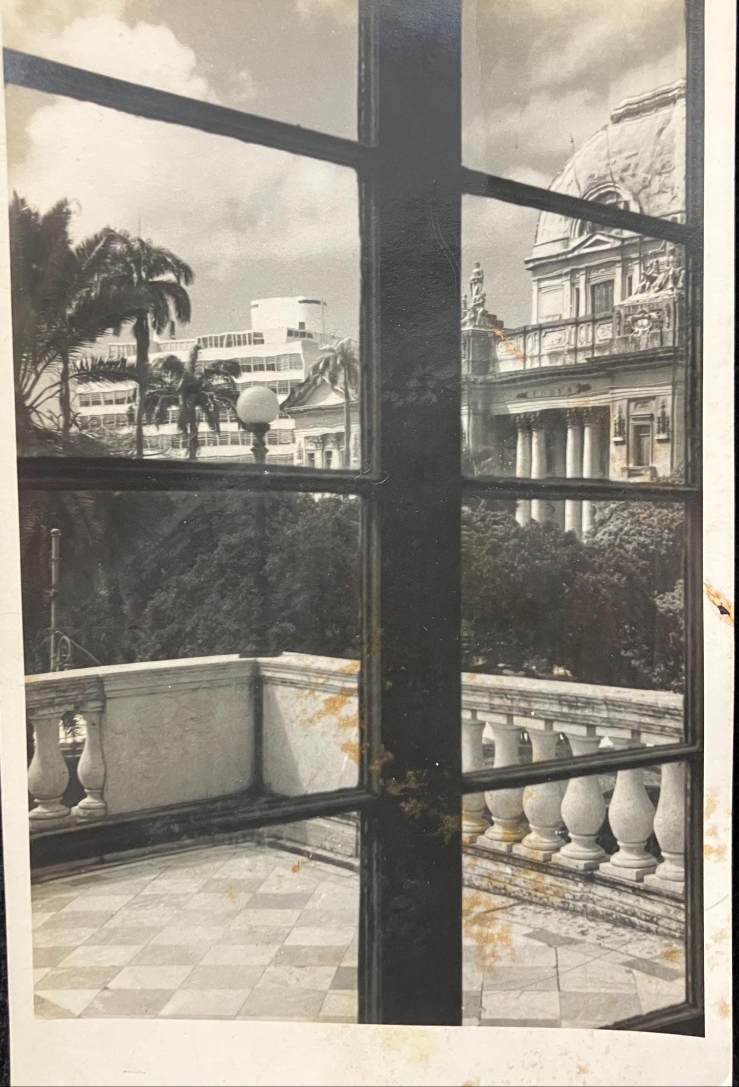 Black and white postcard featuring a view through a window with balcony, showing marble columns and a palm tree outside.