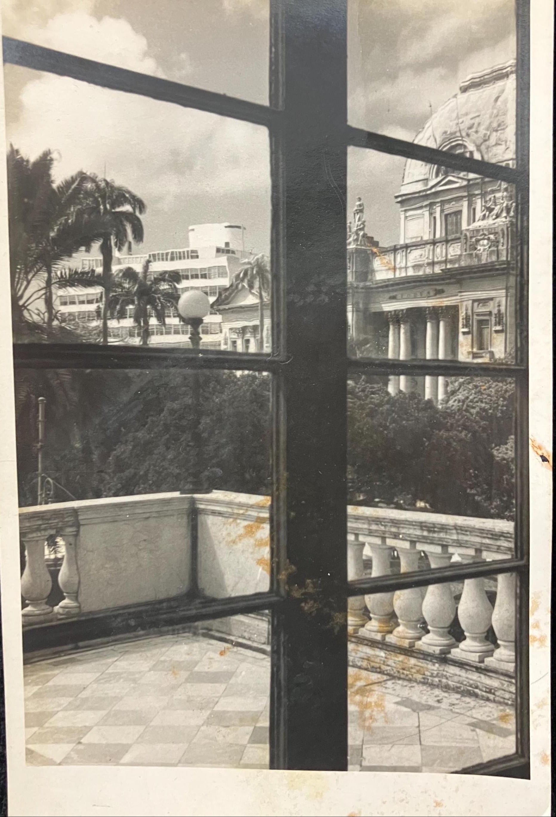 Black and white postcard featuring a view through a window with balcony, showing marble columns and a palm tree outside.