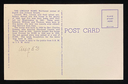 Abraham Lincoln's Home - Springfield, Illinois - 1948 Linen Postcard