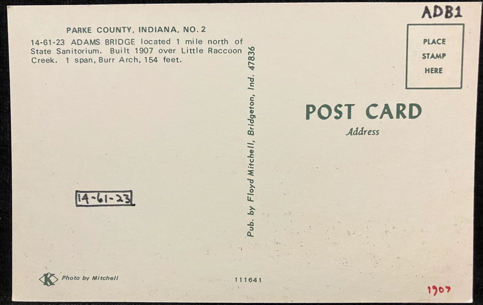 Adams Bridge in Parke County, Indiana - Photo: Mitchell - Vintage Covered Bridge Postcard