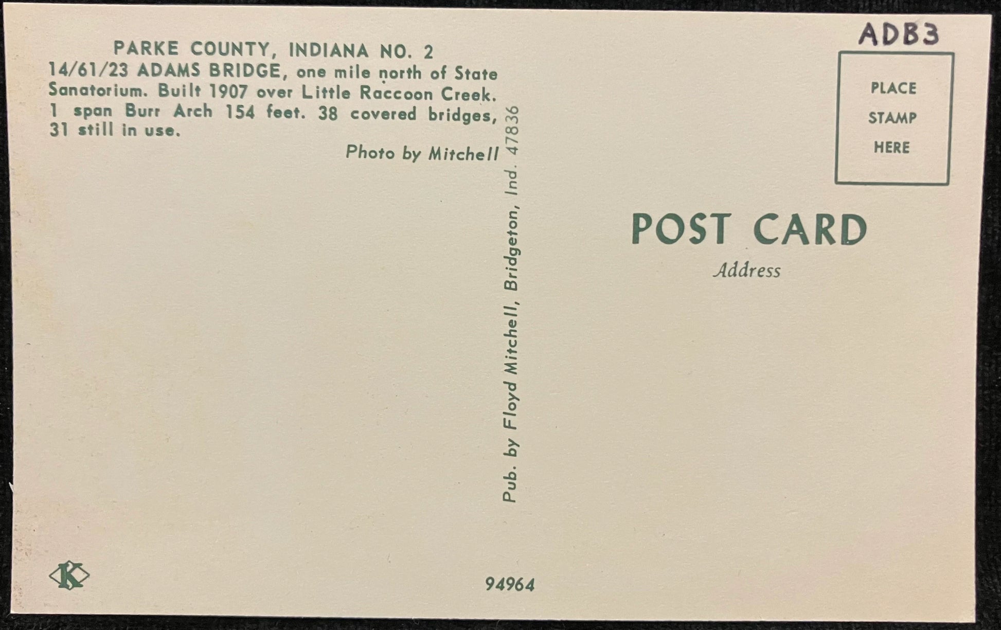 Adams Bridge over Little Raccoon Creek in Parke County, Indiana - Photo: F. Mitchell - Vintage Cover