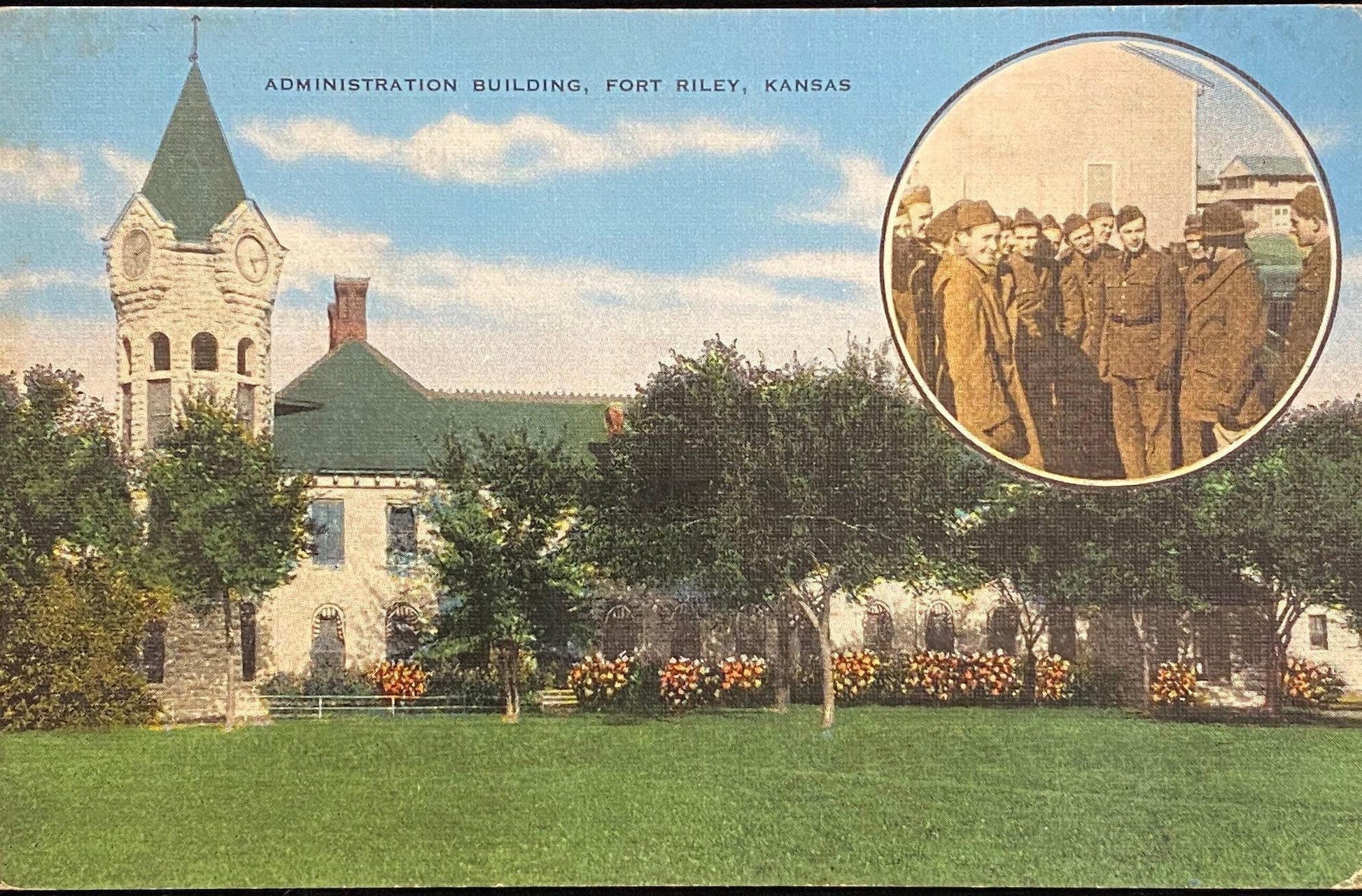 Administration Building - Fort Riley, Kansas - 1940s Linen Postcard