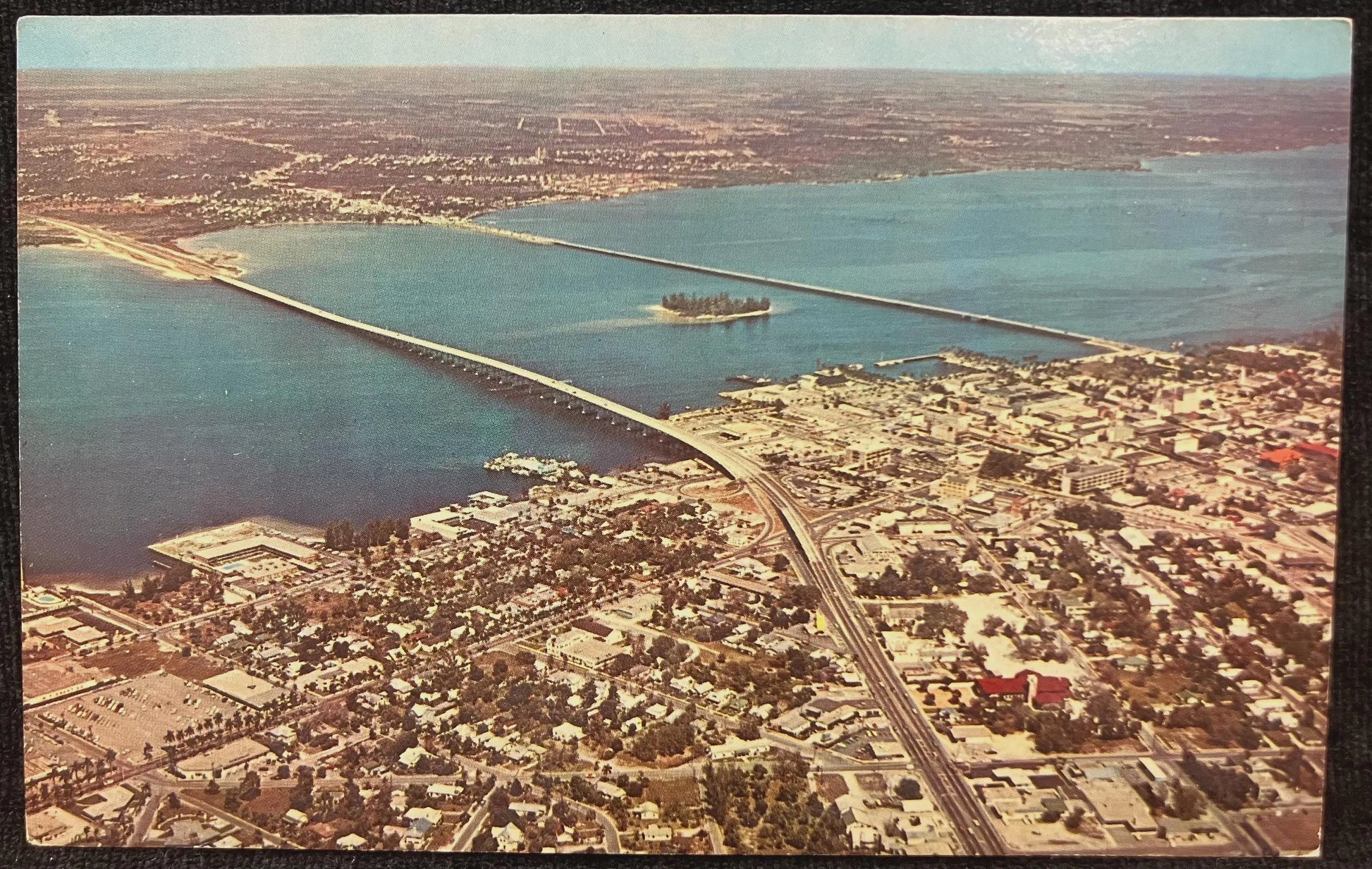 Aerial View, Downtown Ft. Myers, Florida - Caloosahatchee River Bridge - Vintage Florida Bridge Post