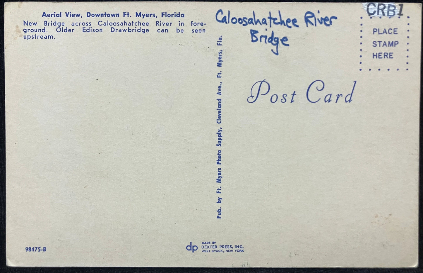 Aerial View, Downtown Ft. Myers, Florida - Caloosahatchee River Bridge - Vintage Florida Bridge Post