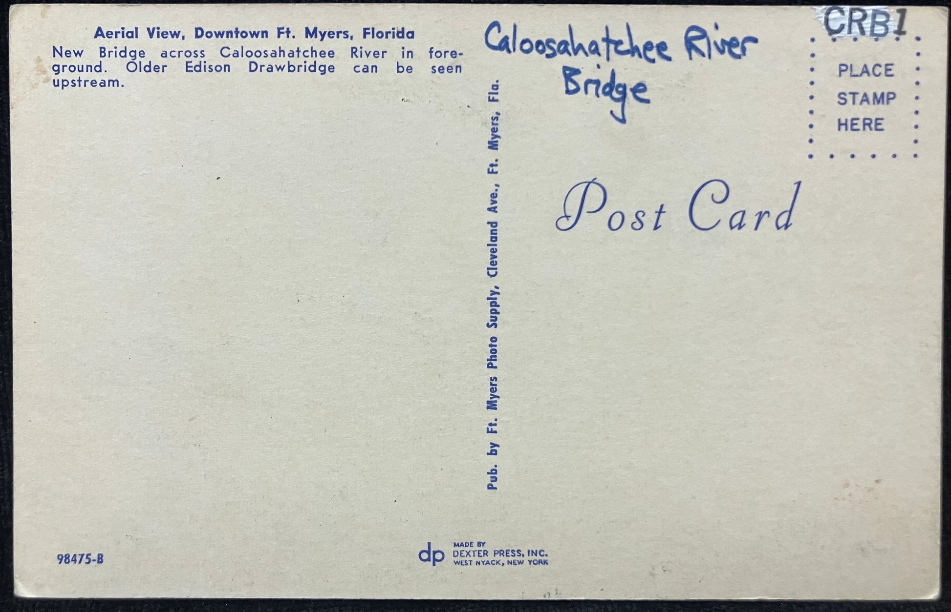 Aerial View, Downtown Ft. Myers, Florida - Caloosahatchee River Bridge - Vintage Florida Bridge Post