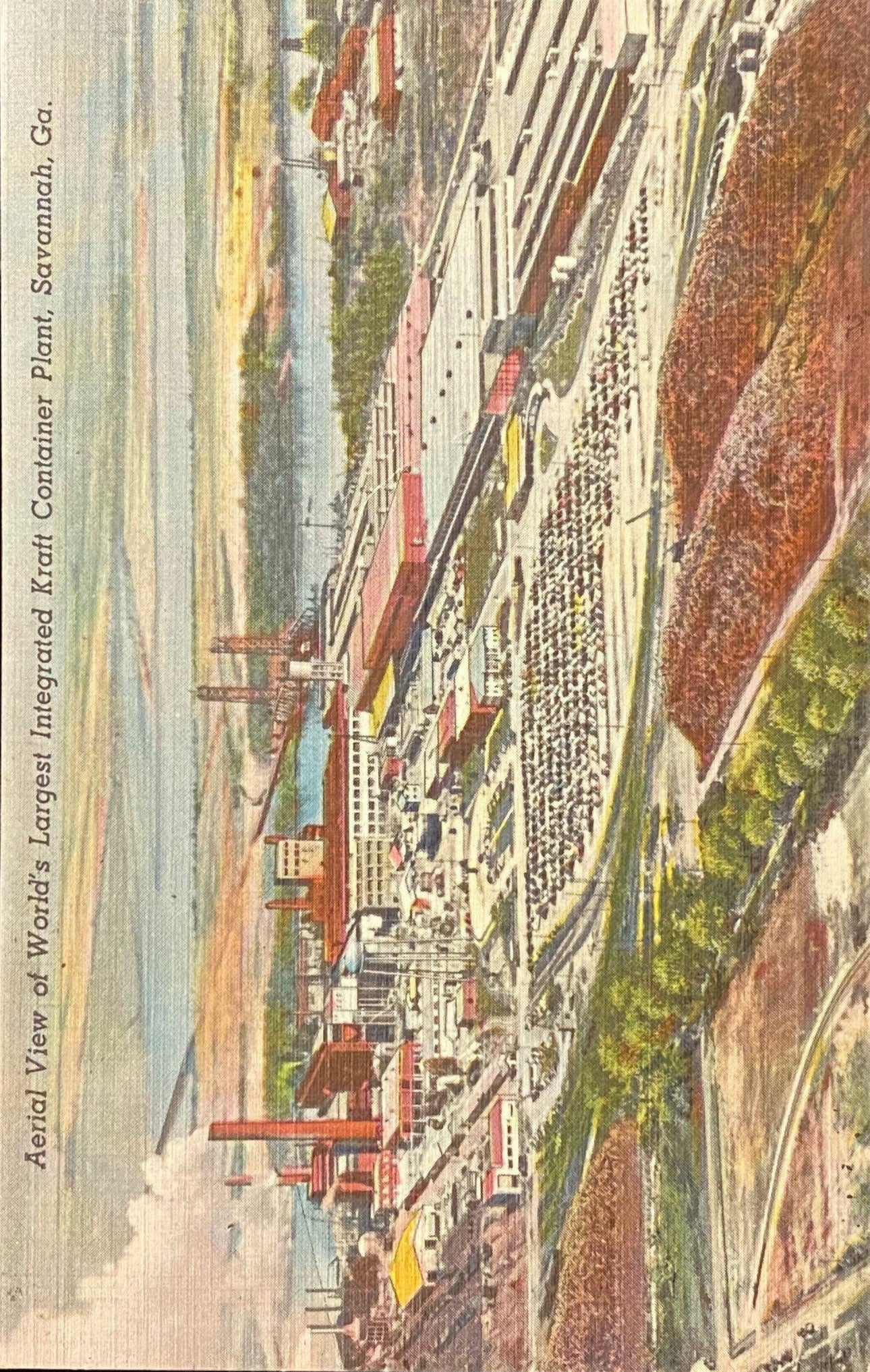 Aerial View of World's Largest Integrated Kraft Container Plant, Savannah, Georgia - 1940s Linen Pos