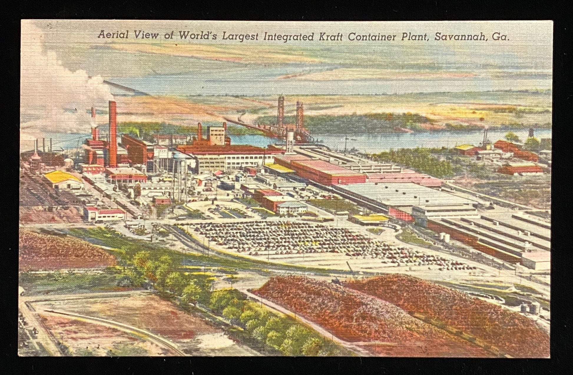Aerial View of World's Largest Integrated Kraft Container Plant, Savannah, Georgia - 1940s Linen Pos