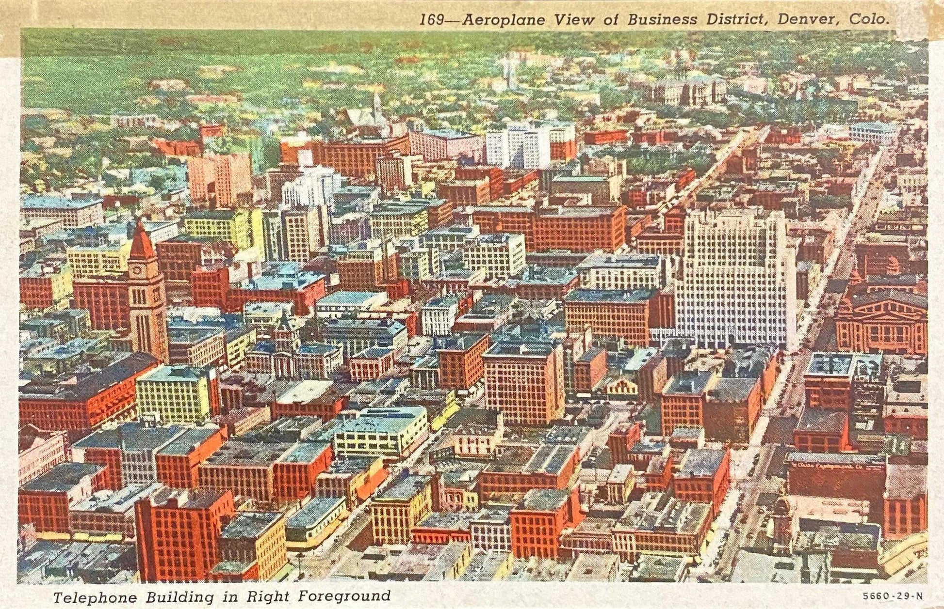Aeroplane View of Business District, Denver, Colorado - Linen Postcard