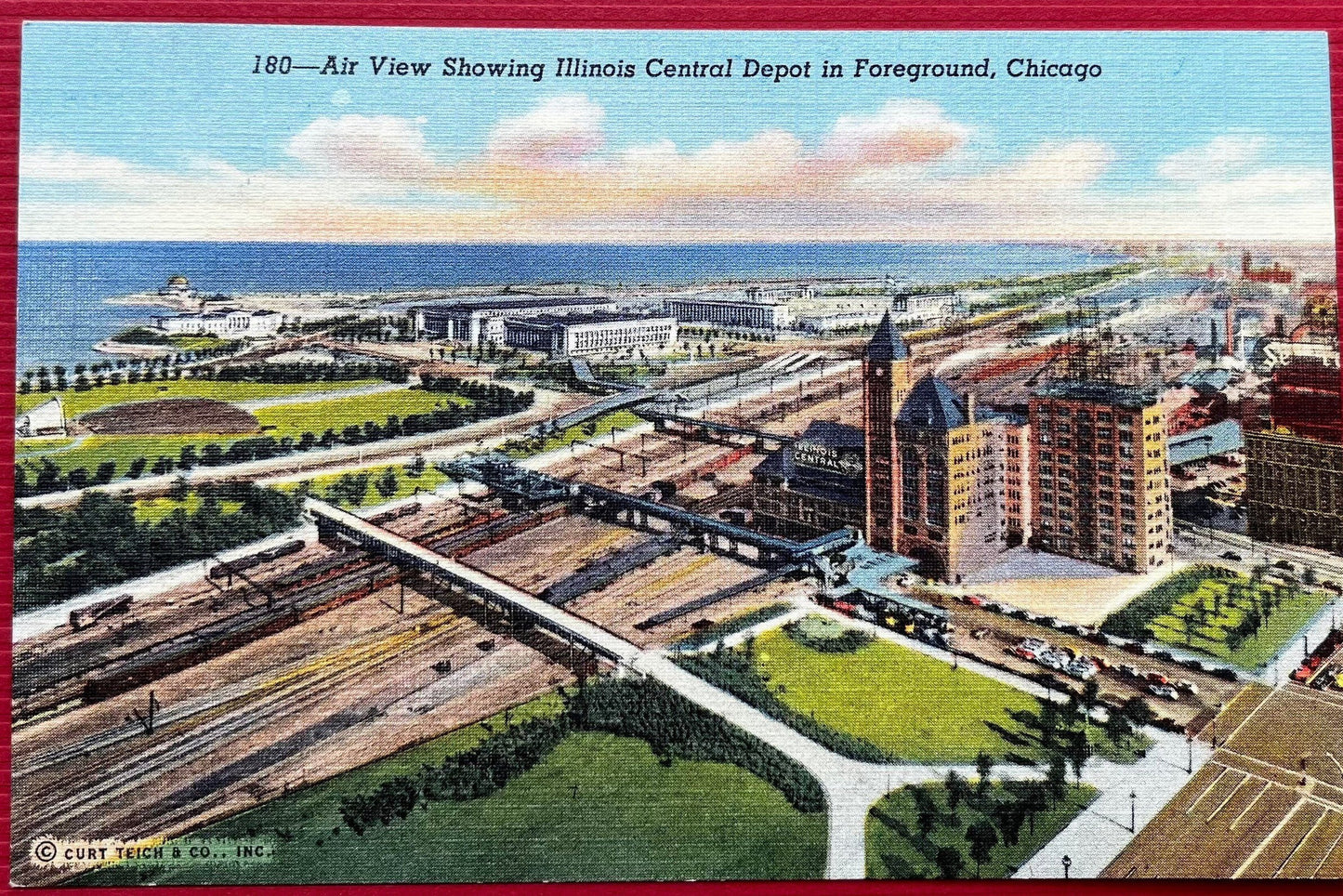 Air View Showing Illinois Central Depot in Foreground - Chicago - 1941 Linen Postcard