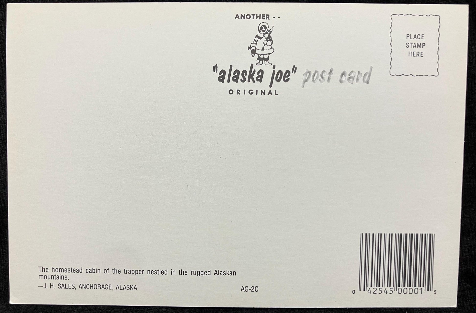 Front: Alaska!Back: The homestead cabin of the trapper nested in the rugged Alaskan mountainsUnmailed: Condition: Excellent Publisher: J. H. Sales Color print