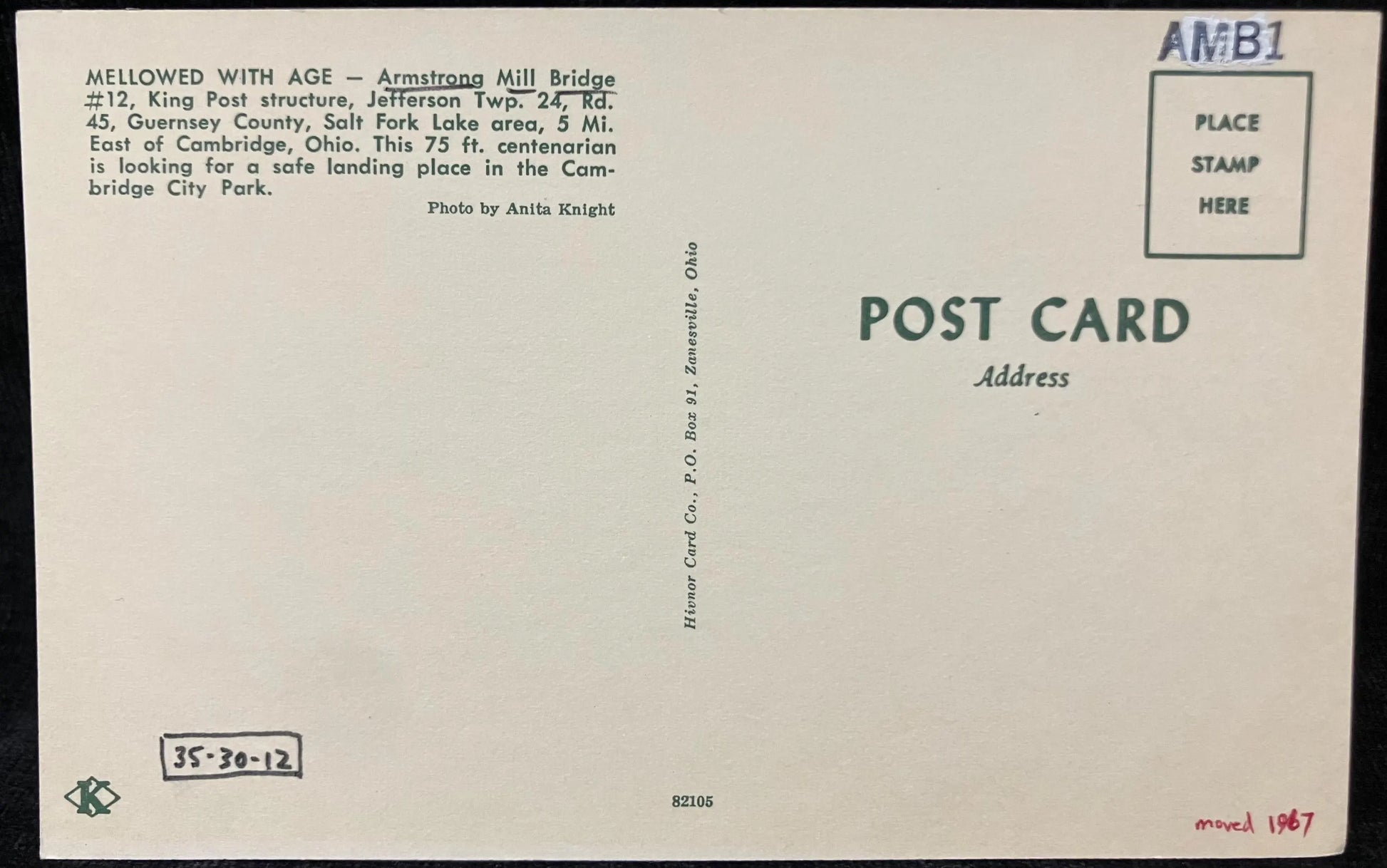 Armstrong Mill Bridge near Cambridge, Ohio - Photo: Anita Knight - Vintage Covered Bridge Postcard