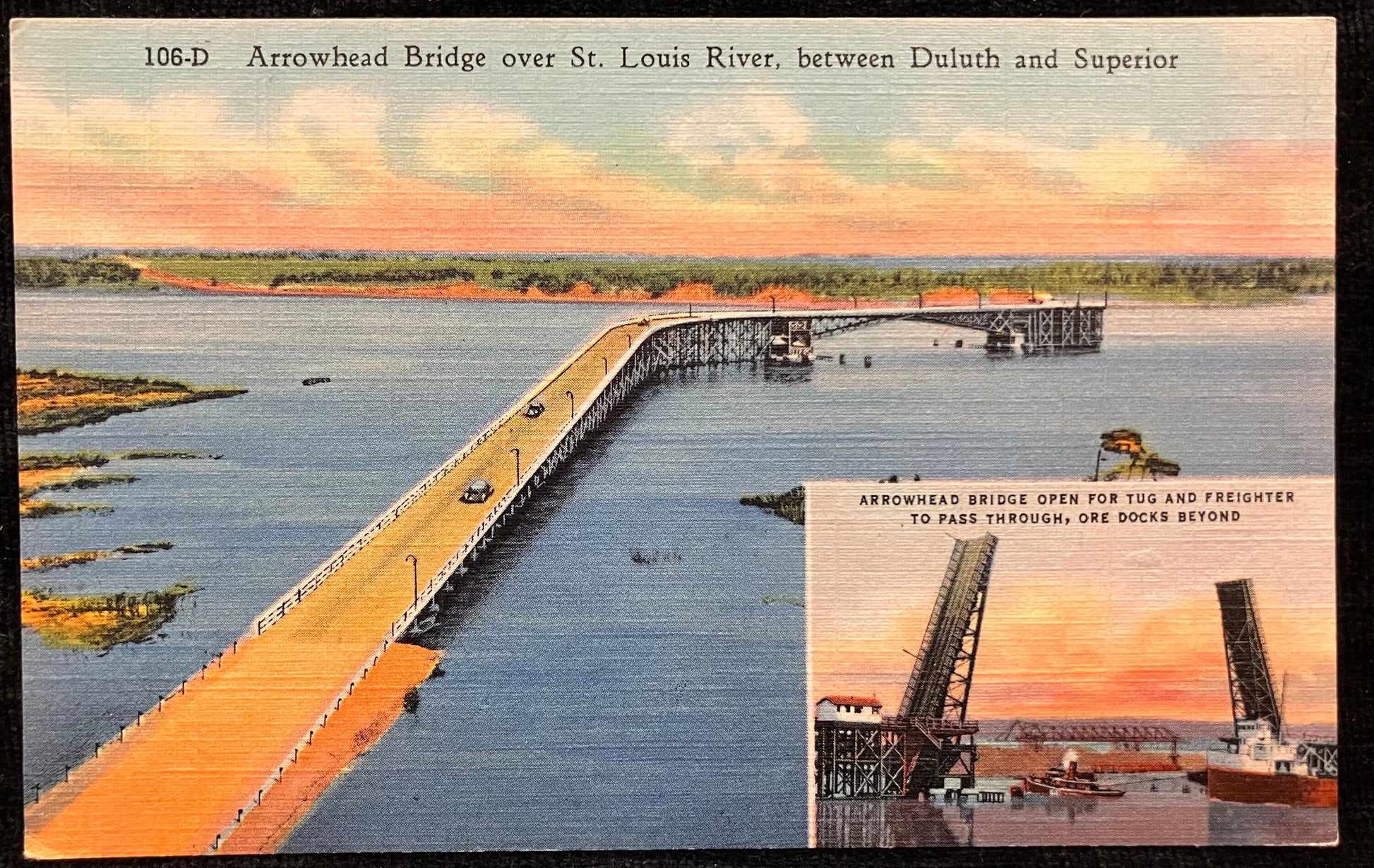 Arrowhead Bridge over St. Louis River, between Duluth and Superior, Minnesota - Vintage Bridge Postc