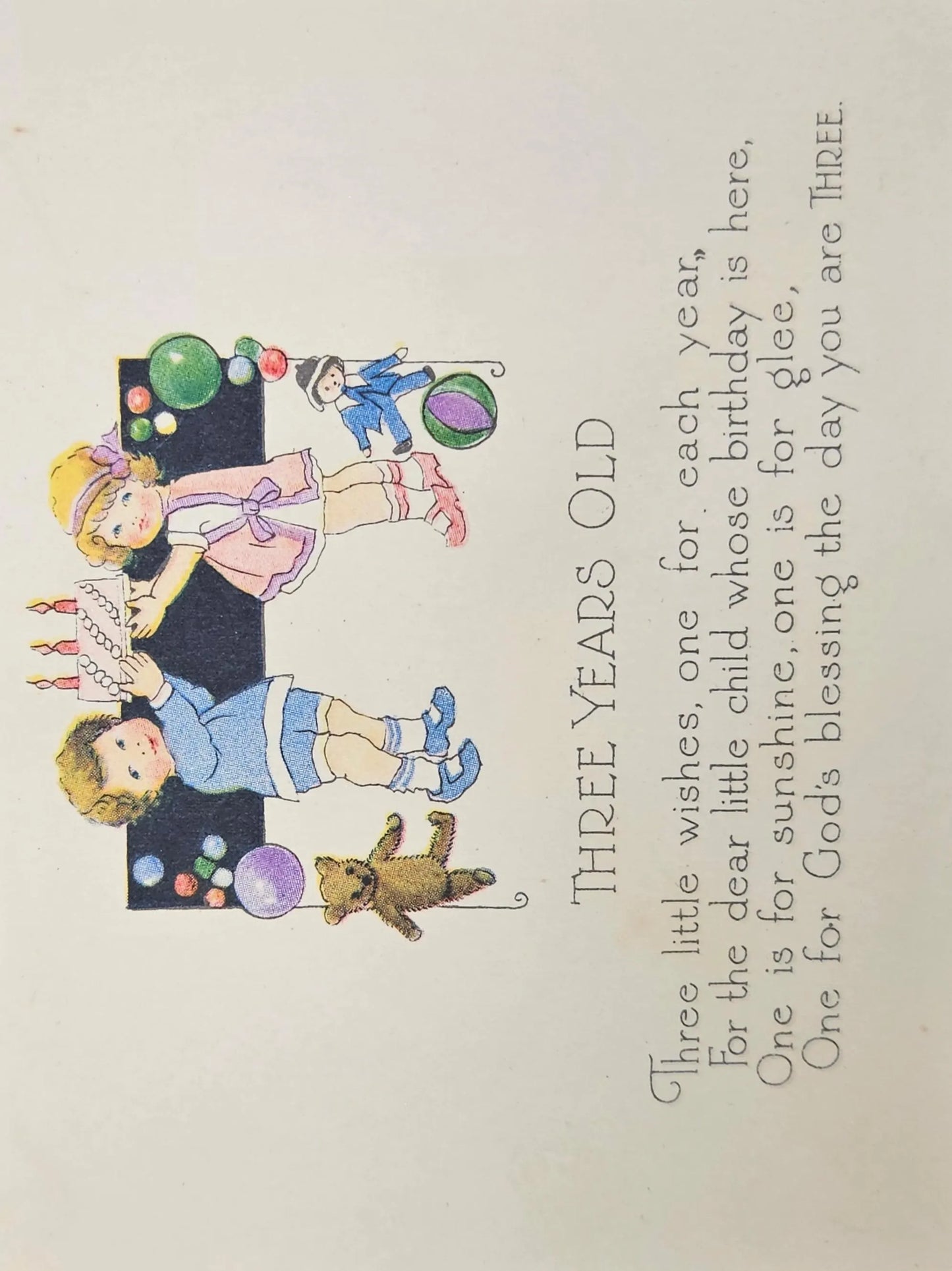 Art Deco Children's Birthday Card For Age Three from 1910 - Two children and Teddy Bear celebrate wi
