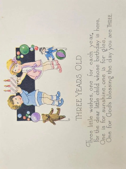 Art Deco Children's Birthday Card For Age Three from 1910 - Two children and Teddy Bear celebrate wi