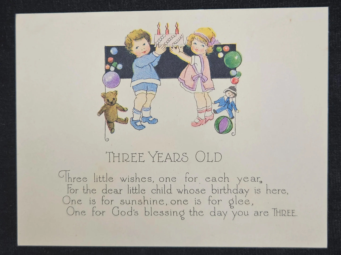 Art Deco Children's Birthday Card For Age Three from 1910 - Two children and Teddy Bear celebrate wi