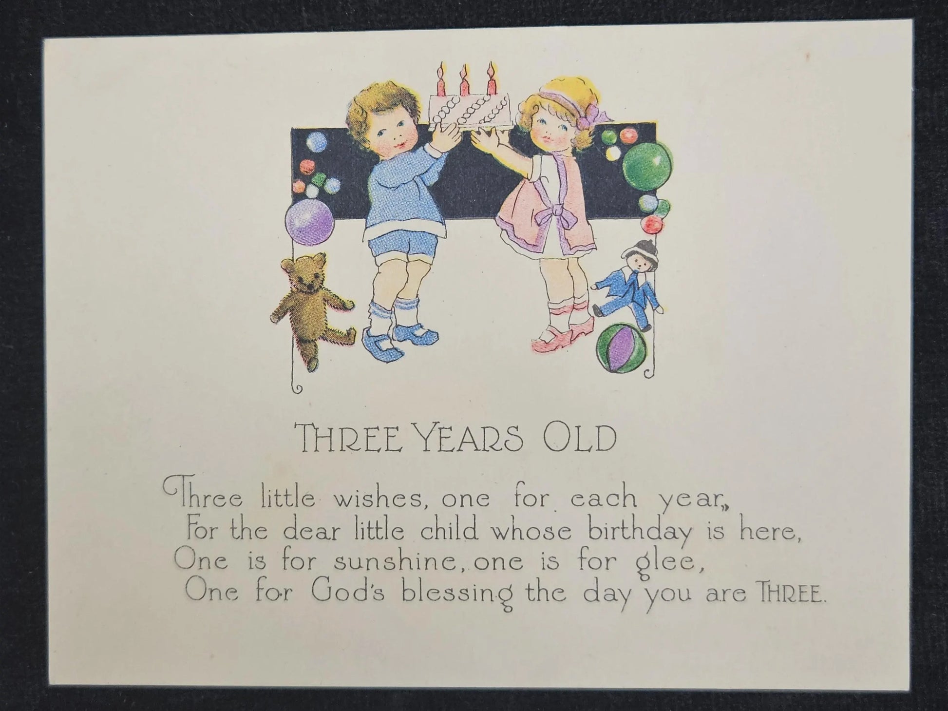 Art Deco Children's Birthday Card For Age Three from 1910 - Two children and Teddy Bear celebrate wi