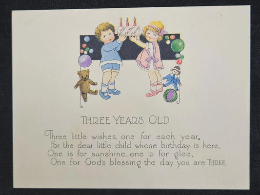Art Deco Children's Birthday Card For Age Three from 1910 - Two children and Teddy Bear celebrate wi