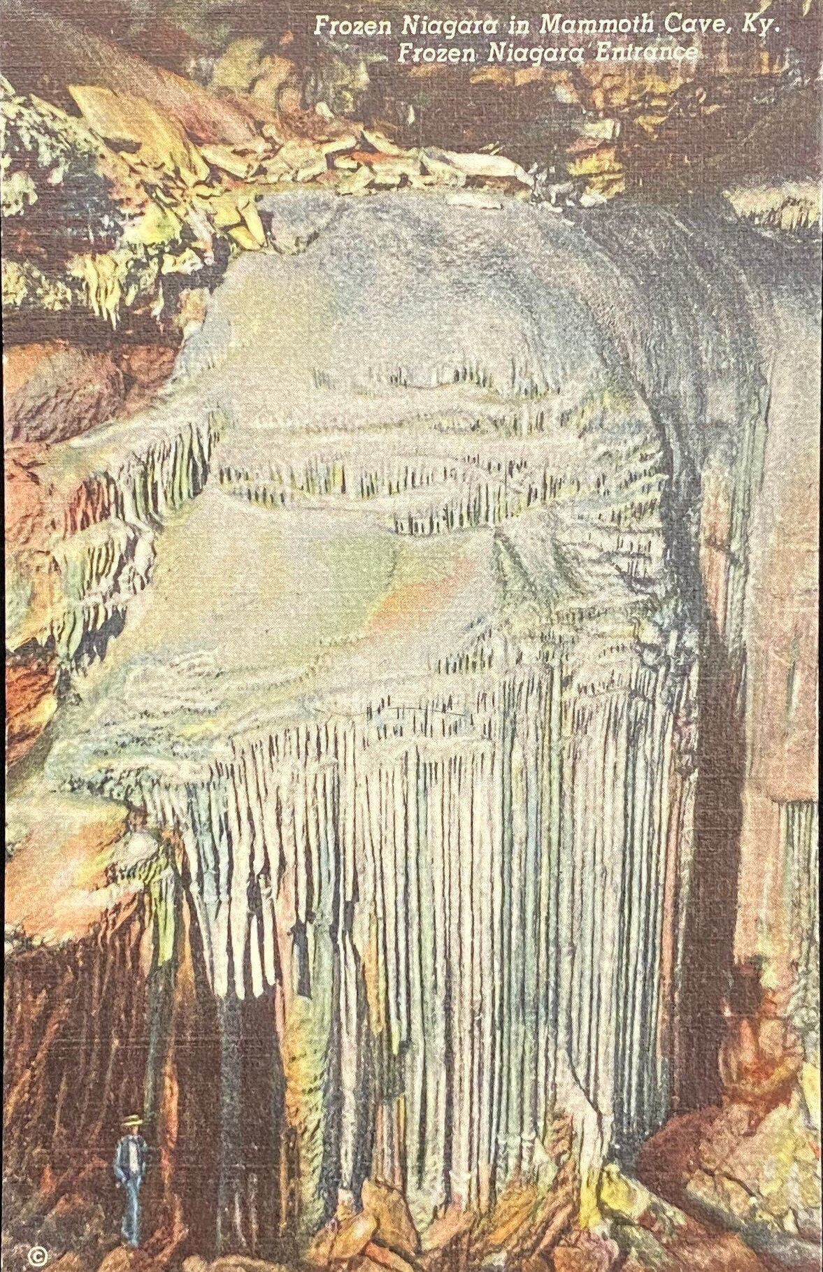 Cave formation labeled 'Frozen Niagara' in Mammoth Cave, Kentucky