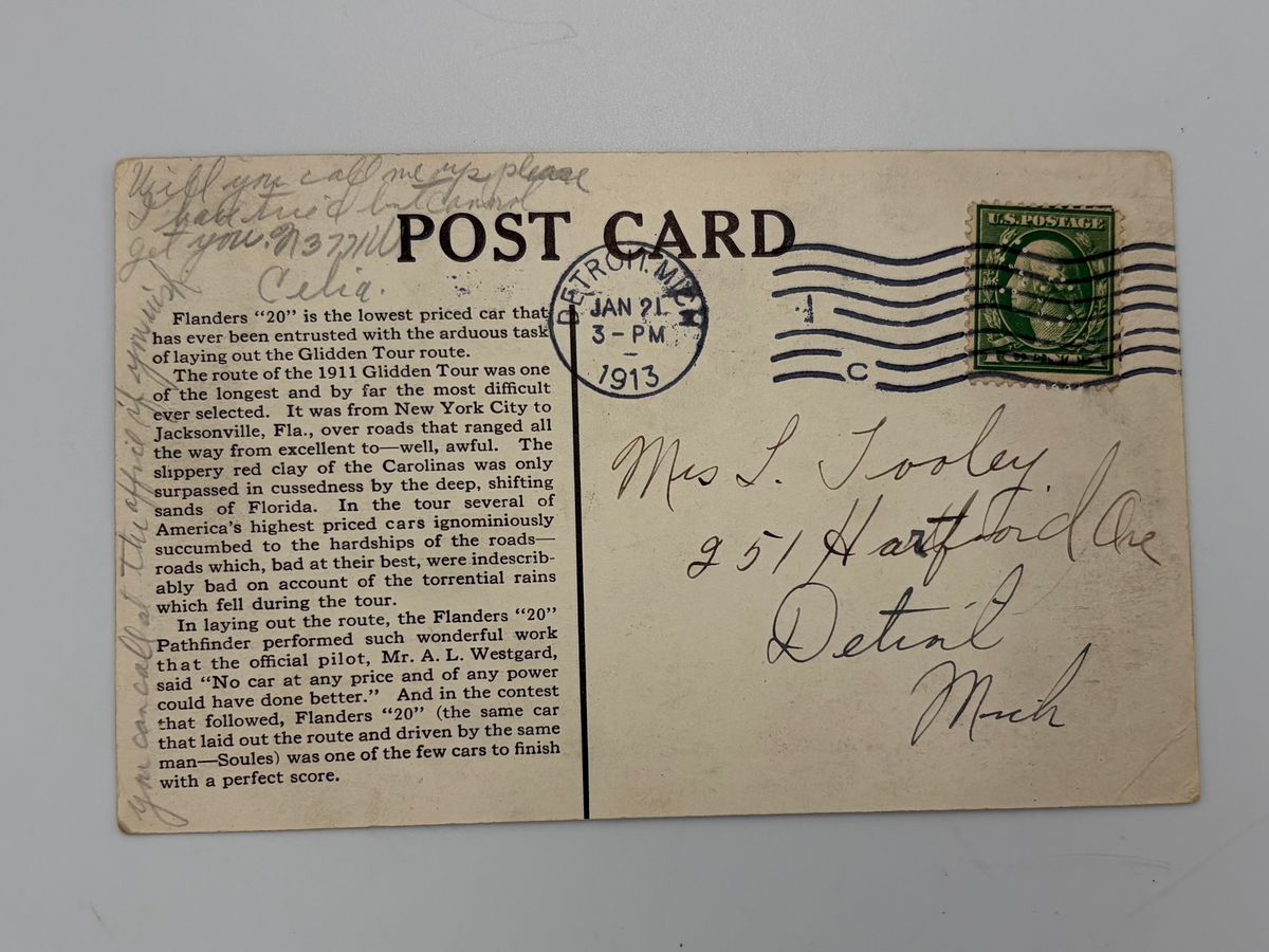Flanders "20" Car on the 1911 Glidden Tour - 1910s Auto Rally Postcard