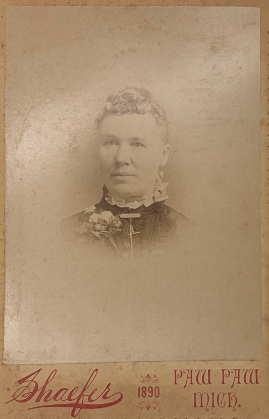 Vintage sepia-toned portrait photograph print with a decorative border and printed text at the bottom reading 'Shafers', '1890', and 'PAW PAW MICH.'.