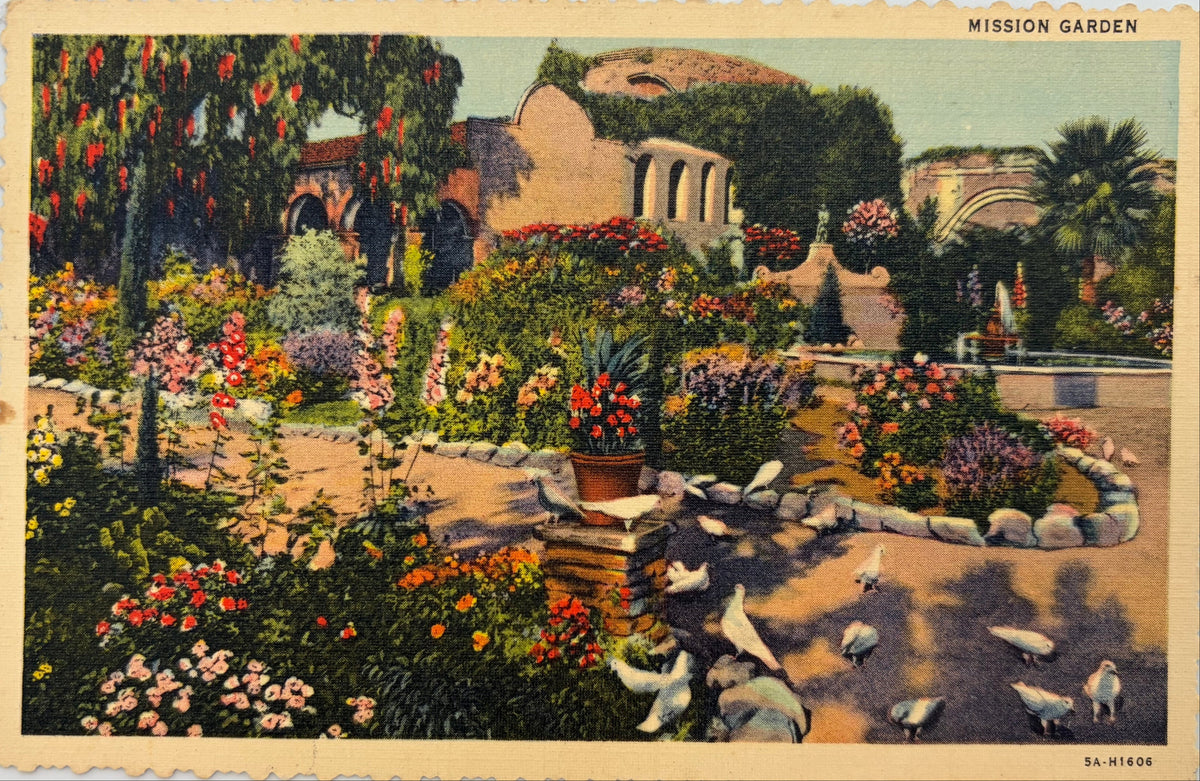 This linen postcard was printed in 1935 with a hand-colored view of the San Juan Capistrano gardens. The Mission Gardens are still open today.