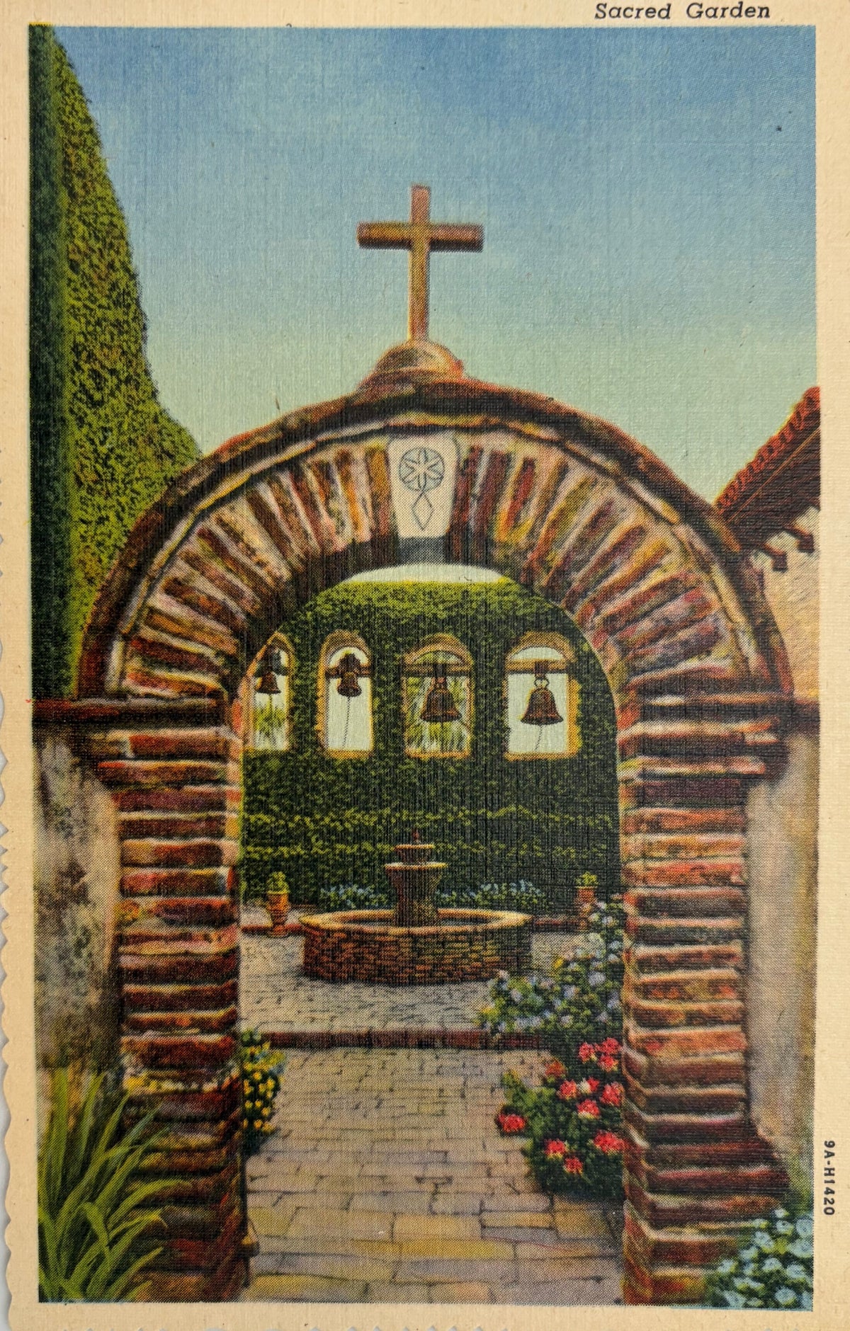 This linen postcard was printed in 1939 with a hand-colored view of the entrance to the San Juan Capistrano gardens. 