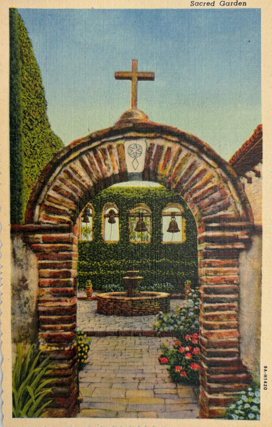 This linen postcard was printed in 1939 with a hand-colored view of the entrance to the San Juan Capistrano gardens. 