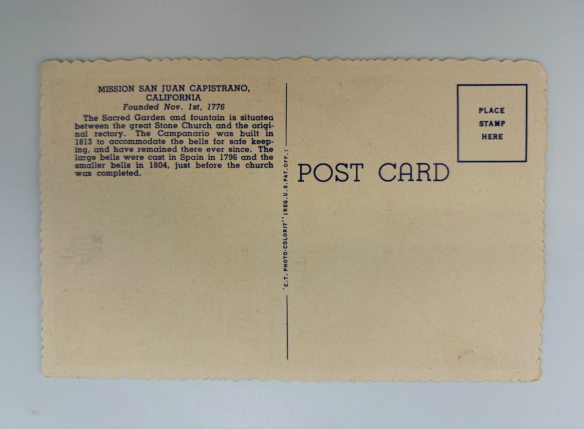 This linen postcard was printed in 1939 with a hand-colored view of the entrance to the San Juan Capistrano gardens. 
