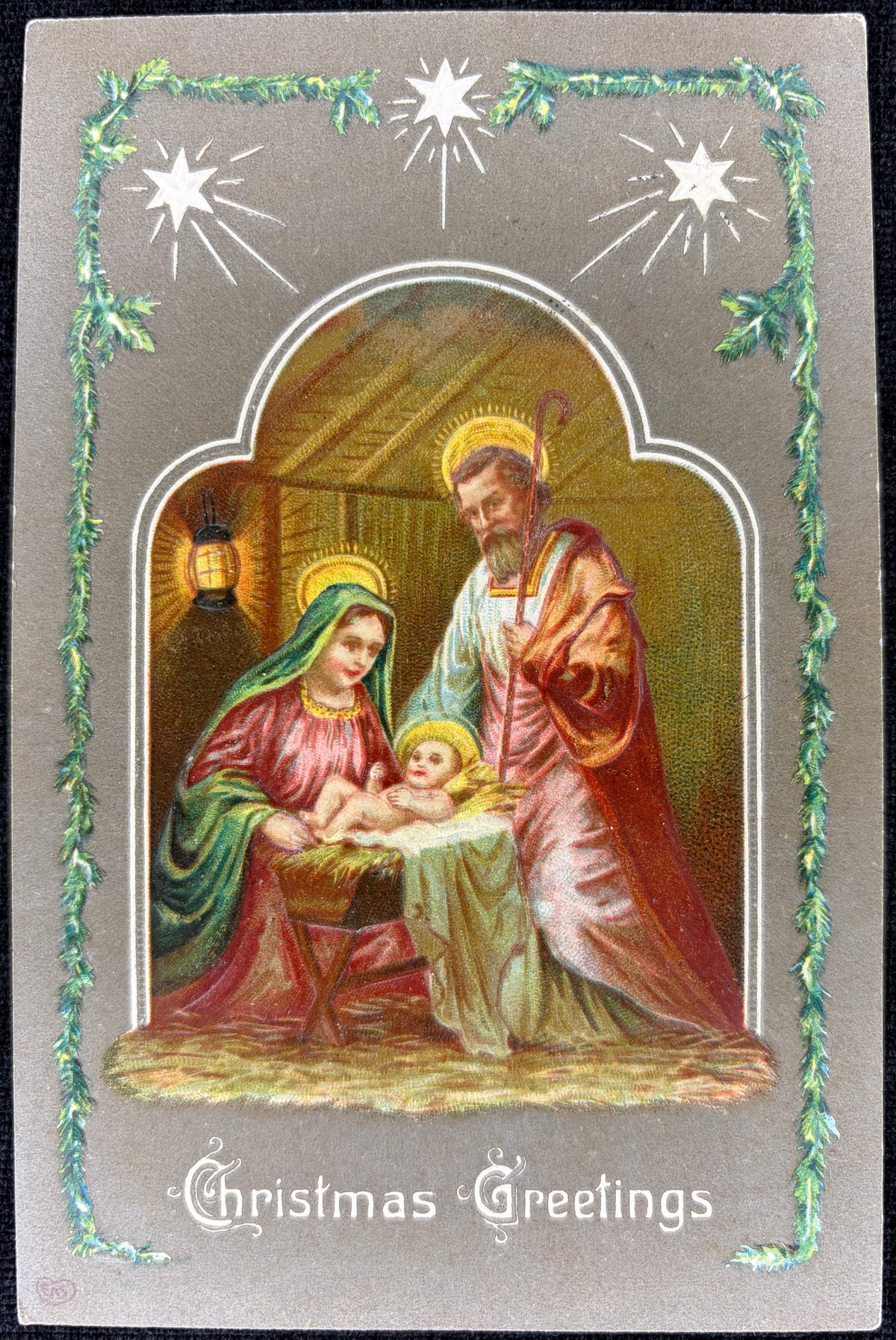 Pre-1910 Embossed Christmas Nativity with Garland Border - Vintage Postcard