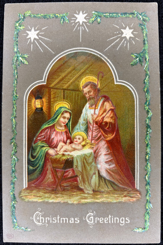 Pre-1910 Embossed Christmas Nativity with Garland Border - Vintage Postcard