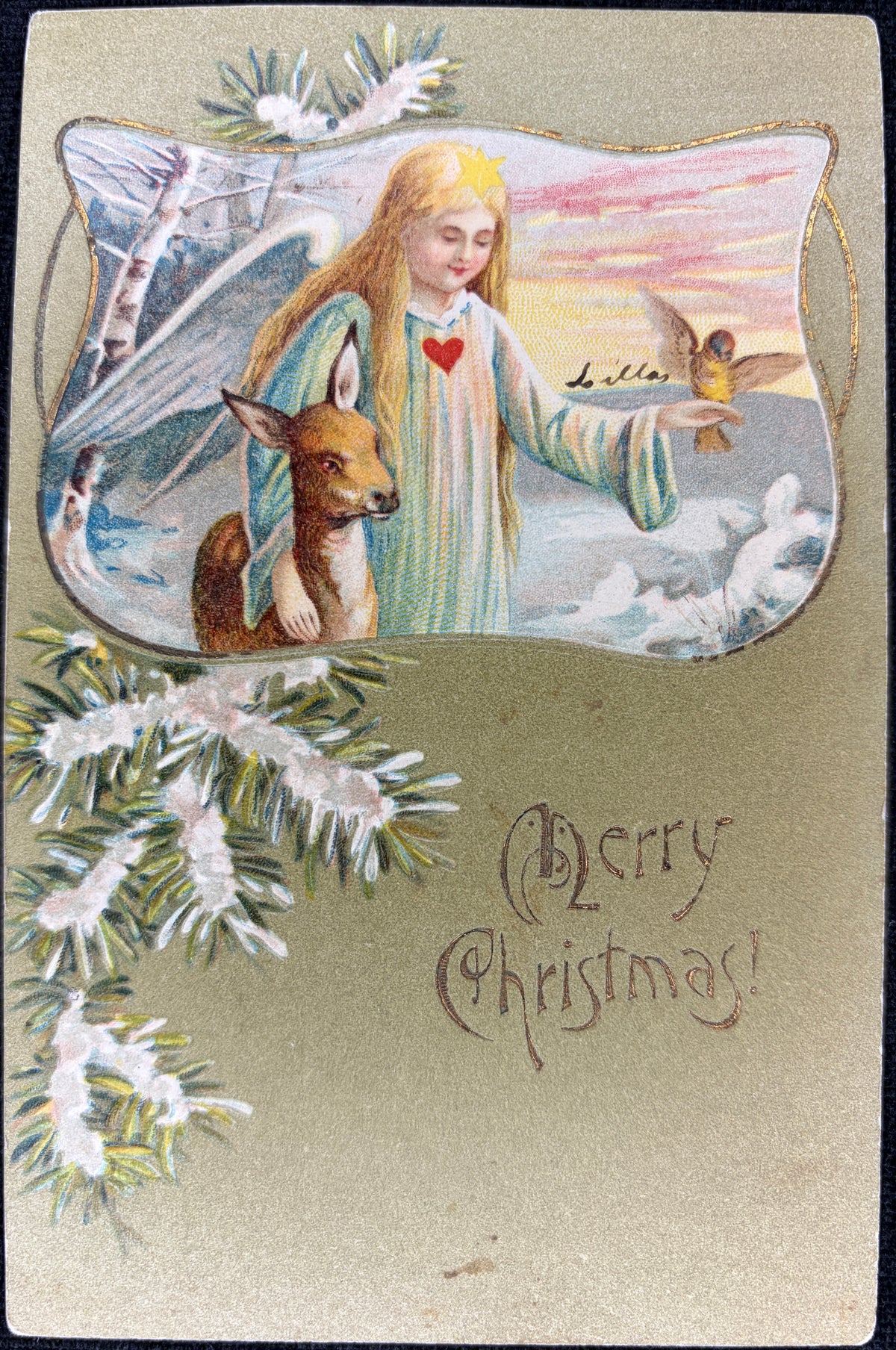 Pre-1910 Gilded and Embossed Christmas Postcard with Angel and Deer - Vintage Postcard