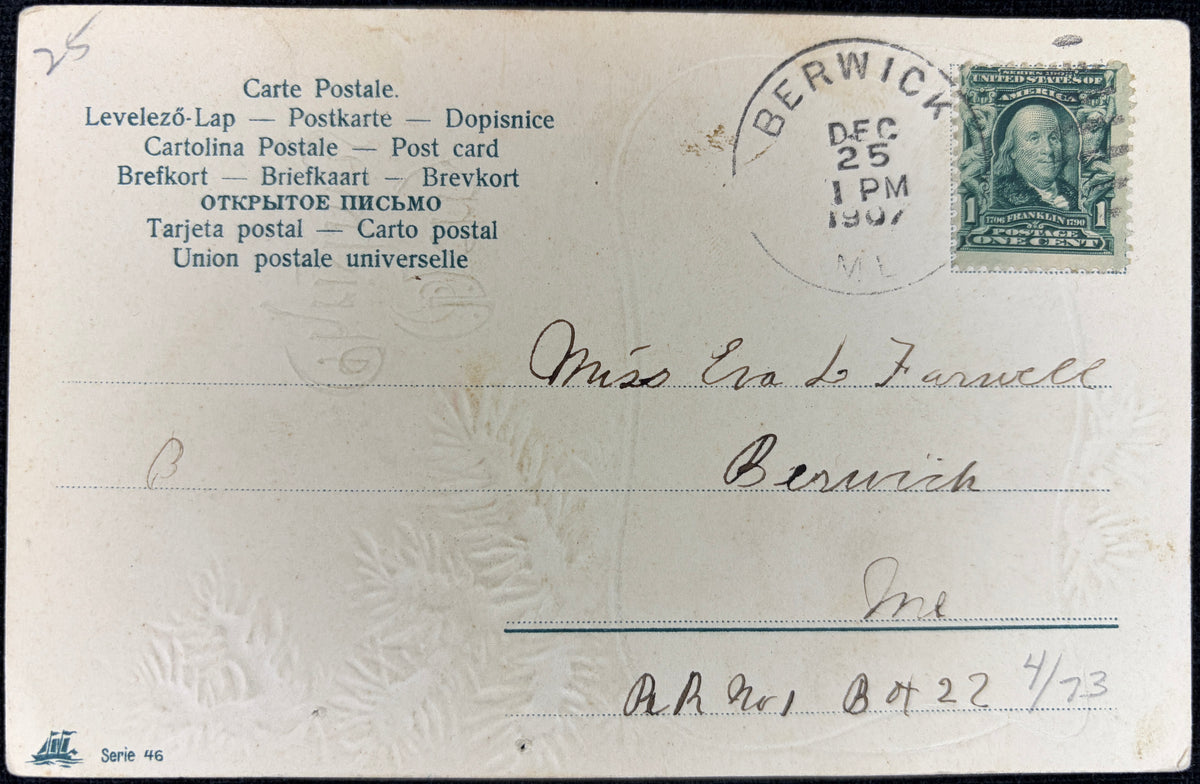 Pre-1910 Gilded and Embossed Christmas Postcard with Angel and Deer - Vintage Postcard