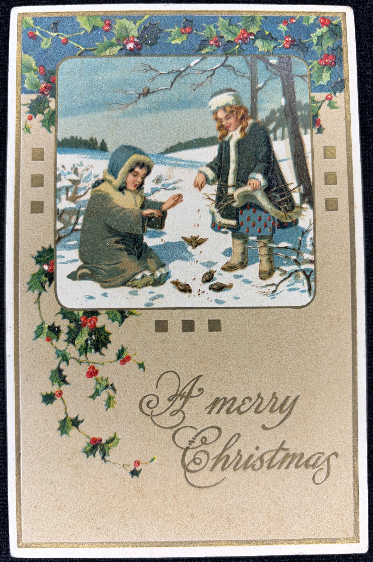 Embossed Christmas Postcard, Girls Feeding Birds - Vintage Postcard